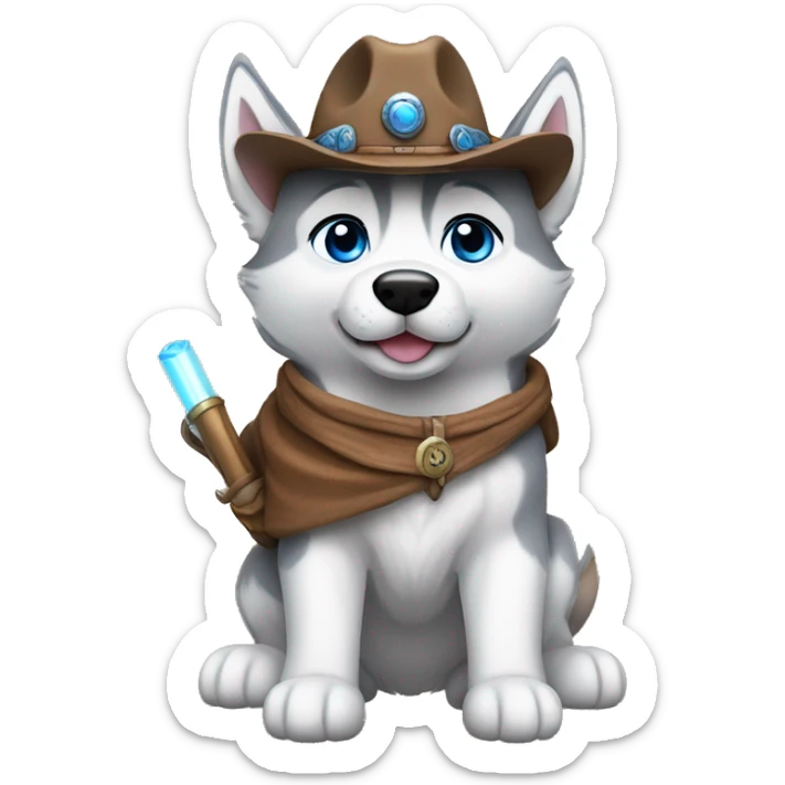 Gray Siberian Husky with blue eyes puppy wearing a cowboy hat dressed in Jedi clothing Holding a Lightsaber with the Paw sticker