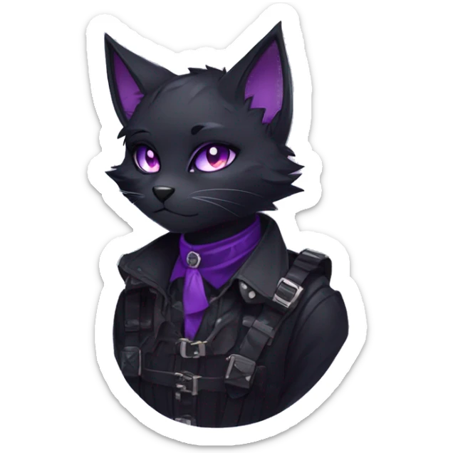 Gorgeous furry gothic dark techwear anime style anthro black cat furry sona Fakemon with blushing face aesthetic and pretty edgy black with violet collar and harness trending style sticker