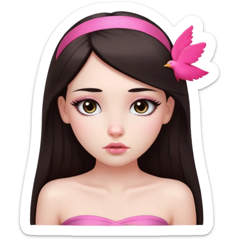 girl with white skin, dark brown long straight hair falling in front of her body, pouty shiny lips without cupid's bow, shiny large eyes with long eyelashes, lighter button nose, very long oval-shaped face, wearing a pink bandeau top with straight neckline, looking directly at camera with hands down at sides sticker