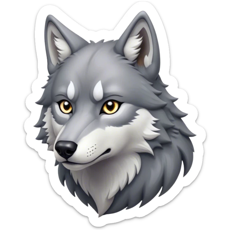 Cinematic Noble Wolf Portrait Emoji, Poised and regal, with a strong, lean build and a sleek, well-groomed Fur of grey and white, deep-set soulful piercing eyes, Simplified yet sharp and sophisticated features, highly detailed, glowing with a soft, dignified glow, high shine, intelligent and fierce, stylized with an air of wild majesty, focused and attentive, soft glowing outline, capturing the essence of a watchful and confident alpha, so majestic it feels as though it could howl out of the screen with effortless authority! sticker