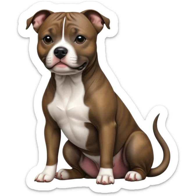 cinematic-[Staffordshire bull terrier]-realistic-full-body-sitting-emoji,-tail-resting-loosely-beside-its-paws,-head-tilted-dramatically, -sleek-[dark solid brindle]-fur,-simplified-yet-realistic-focused-features,-highly-detailed,-glowing-with-an-almost-sarcastic-glow sticker