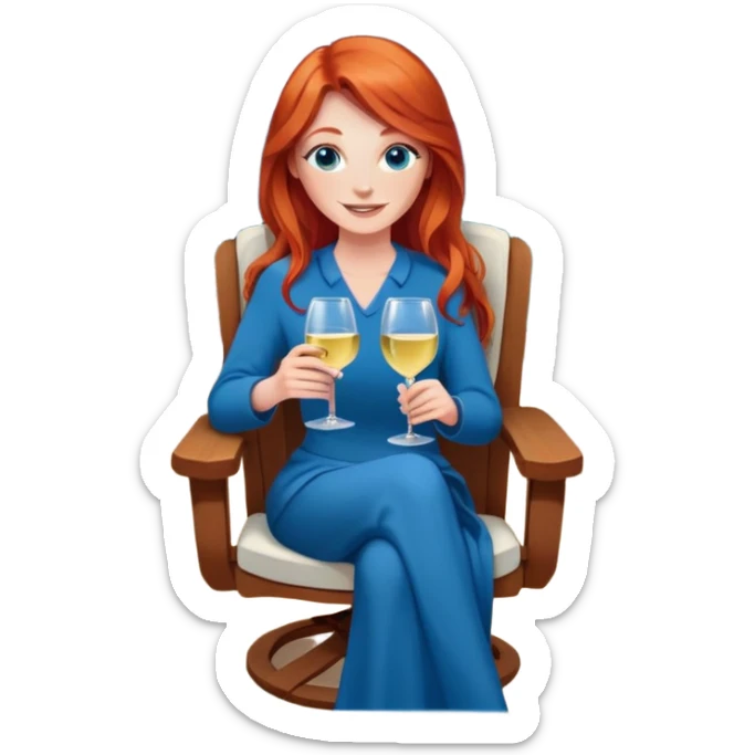 Happy redhead with long hair and blue eyes holding white wine sitting in chair fire pit sticker