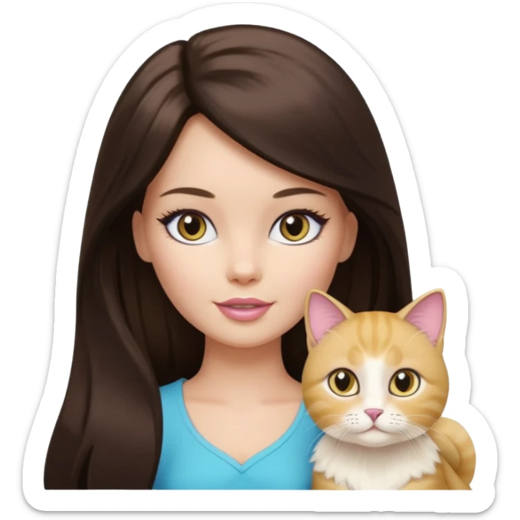 White Barbie girl dark brown long hair with British gold cat sticker