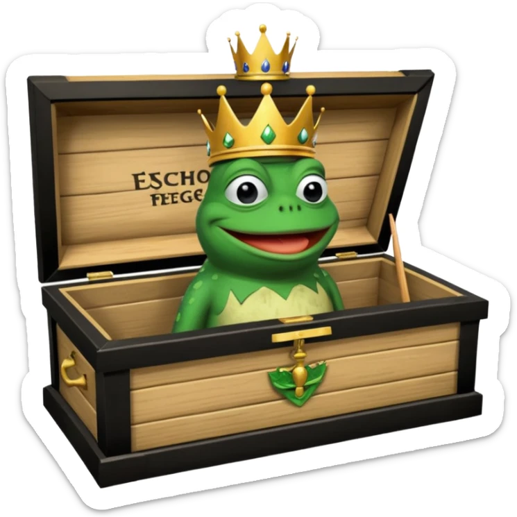 Emoji of an empty wooden coffin with its lid on top, the word ‘ECHO’ carved into the lid. The coffin is shown from the outside. A king-like Pepe the Frog, standing outside the coffin, is hammering nails into the lid to seal it shut. No character is inside the coffin. Not a treasure chest. sticker