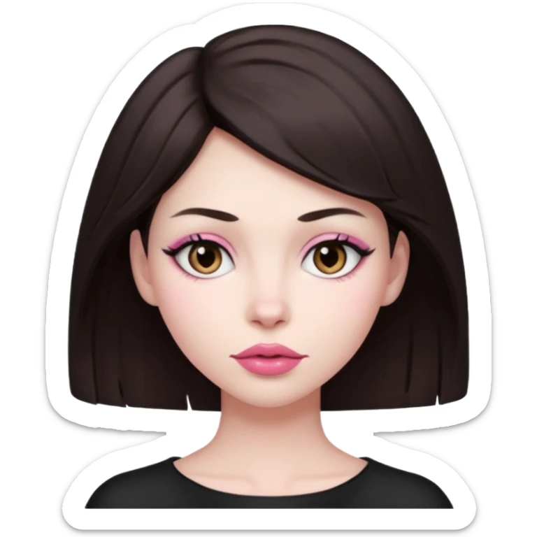 my hair is dark brown almost black, reaching my underarm. the haircut is wolfcut, pretty lasher hut not thick. slightly pink lips. sticker