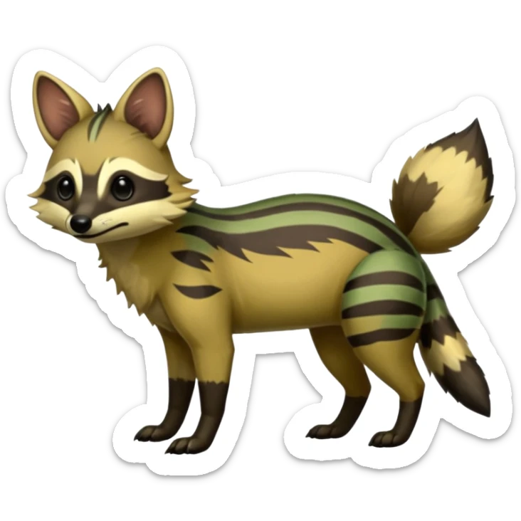 Shiny Green Dusky Dark Gloomy Glossy Aardwolf-Maned-Numbat-Tanuki-Genet-Bobcat-fusion-animal-hybrid-creature, full body sticker
