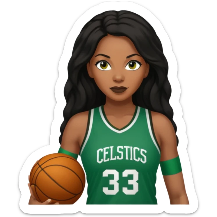 45 year old black women with long brown and black hair dressed in sexy 
celtics jersey outfit  sticker