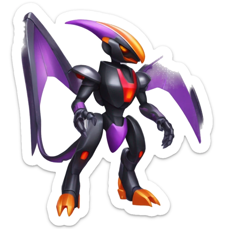 a shiny metallic black-purple-red-orange Genesect-Flygon-Raptor-Fakémon-Medabot-hybrid with a futuristic visor-helmet full body sticker