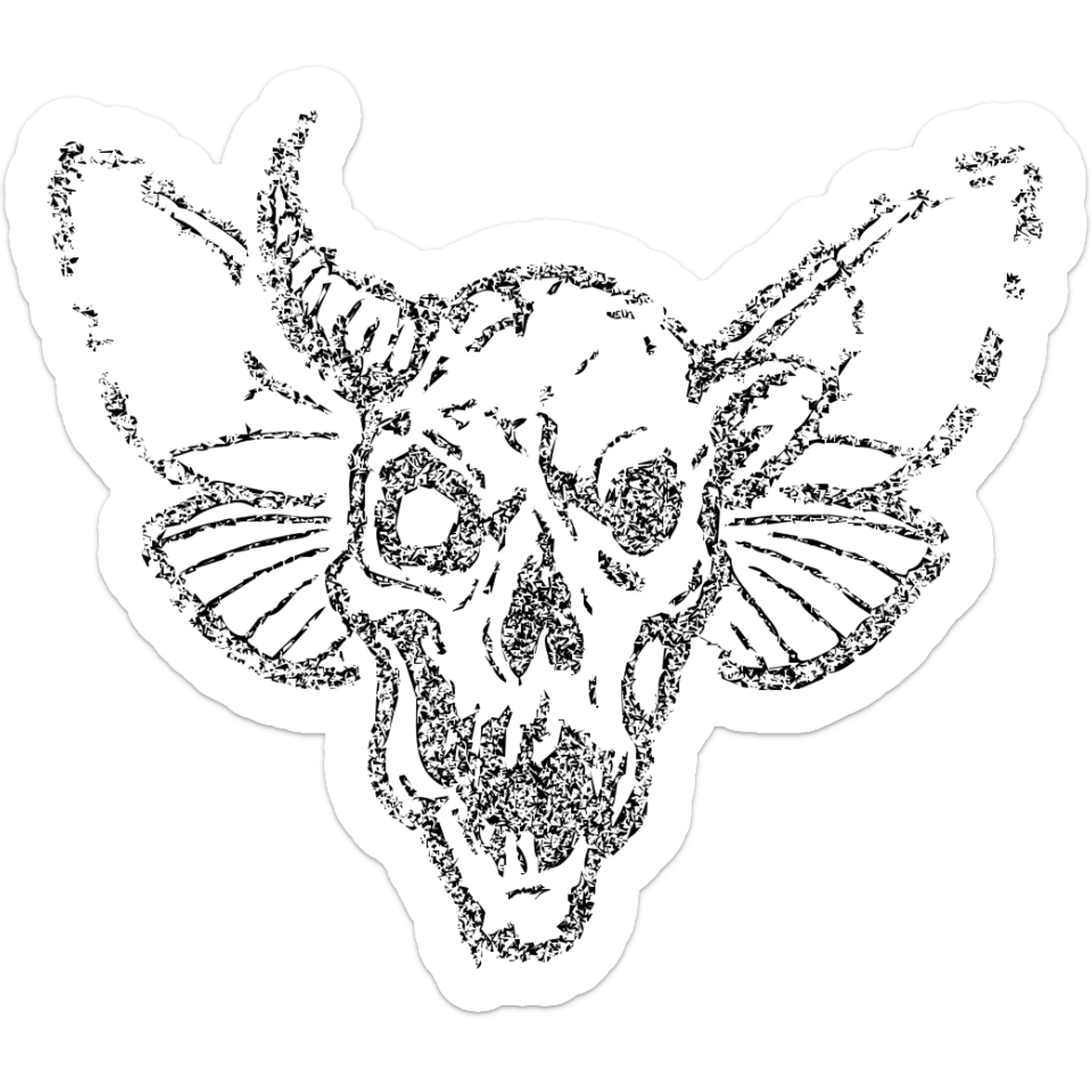 detailed red line art of nightmarish minotaur-stoat hybrid skull with broken horn and glowing eye, with moth wings, featuring mostly empty transparent center with detailed elements concentrated around the edges, heavily weathered perimeter with deliberate damage, hollow middle, twisted features, 100% red sticker
