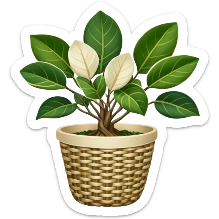 Elegant ficus elastica tineke rubber plant with shading and highlights in a cotton woven basket sticker