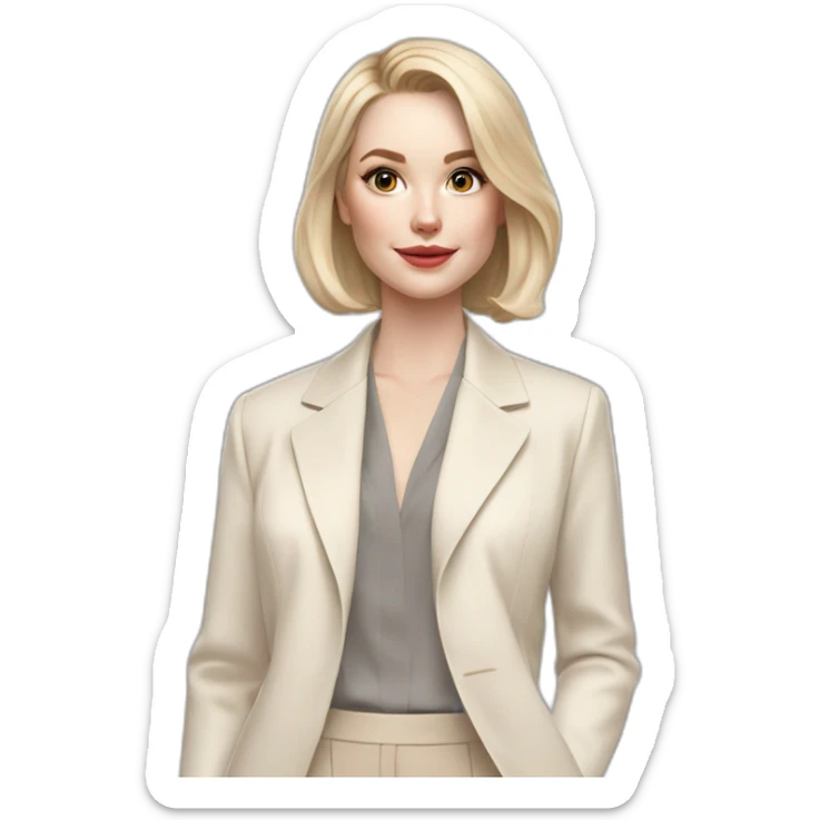 pale skin woman with ash blonde Straightened bob Hair, White Spacious classical jacket, beige palazzo Arrow pants and gray blouse holding a color palettes in the hands sticker
