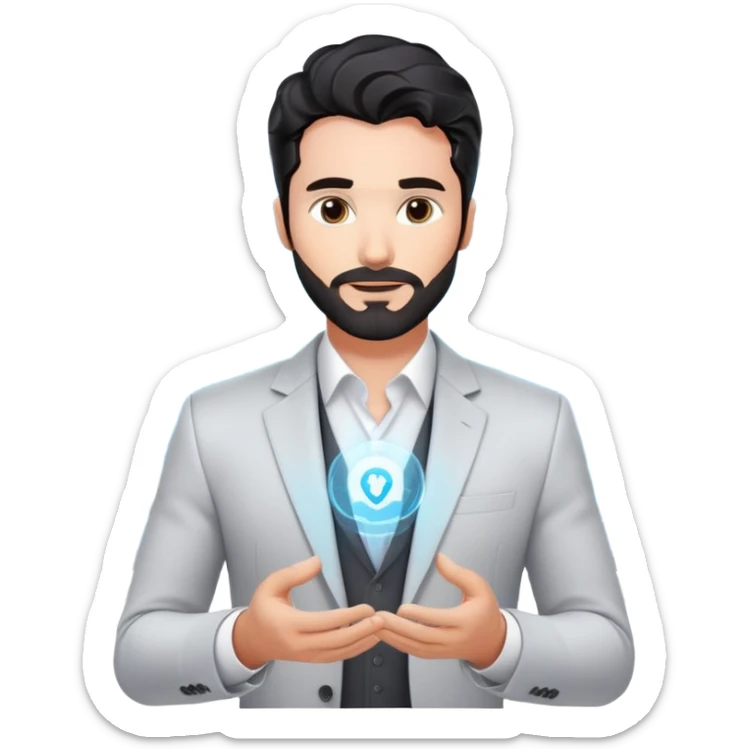 Professional 35-year-old man with black wavy hair, stubble, strong jawline, white skin tone, wearing smart casual business attire, interacting with holographic digital display, surrounded by tech elements, innovative business strategist sticker