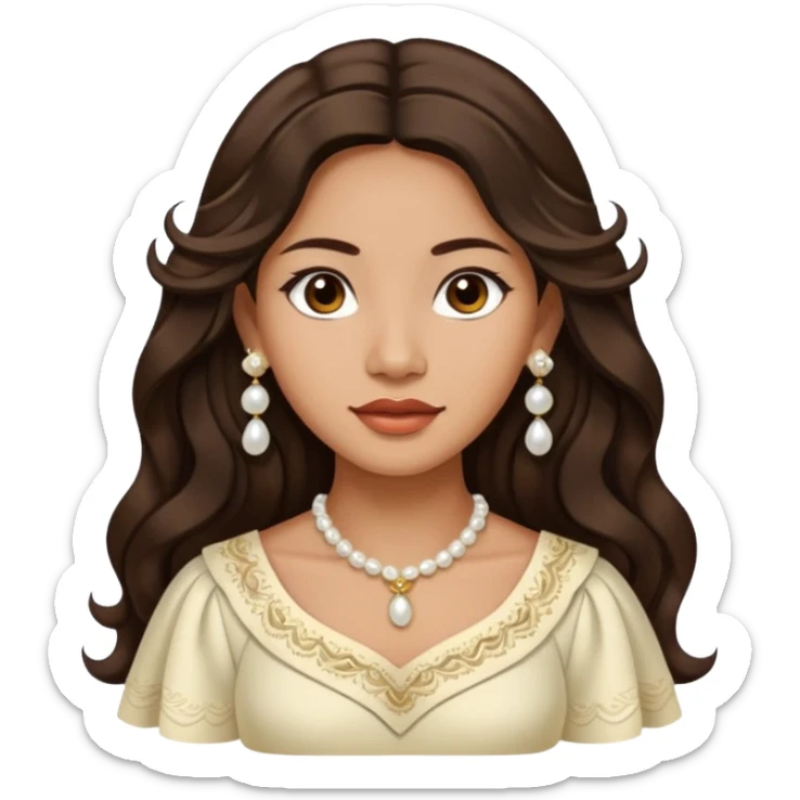 Tan Filipino woman with dark brown eyes and long dark wavy hair parted in the middle wearing a traditional filipiniana and white pearl stud earrings sticker
