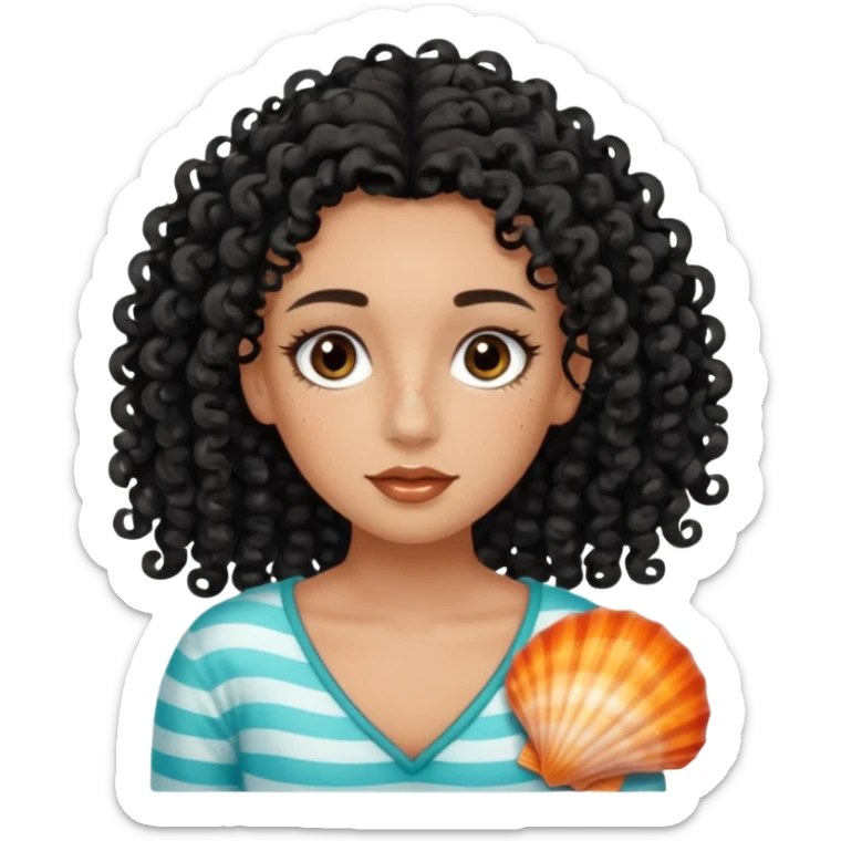 Tanned face with sea-salt black curls and a freckled nose, long full eyelashes, seashell hair clips, long hair sticker