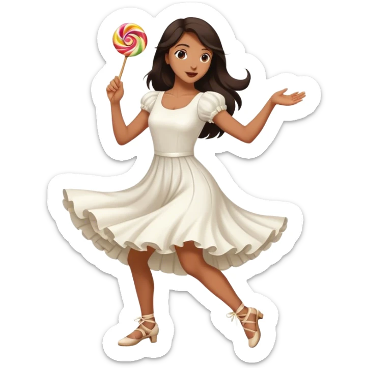 Beautiful woman in 1950’s woman fashion look, white dress, long dark brown hair, balboa couple dance, lolly kicks movement  sticker