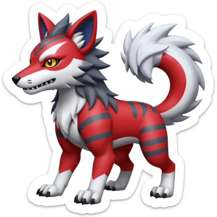 Red and white WereGarurumon-Mightyena-fusion with black markings sticker