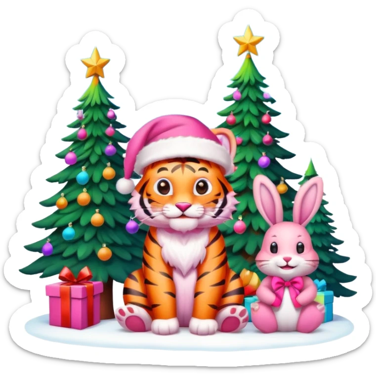 Smiling Pink tiger with Santa hat sitting with a bunny as friends and brightly lit colorful Christmas trees 🎁  sticker