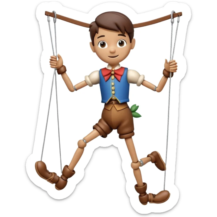 3D render of Pinocchio Boy as a wooden marionette puppet, Long nose, wood grain skin, strings, silver metal screw joints at elbows and knees, polished brown wood texture, rigid toy pose, Apple emoji style, isolated on white background --v 6.0. sticker