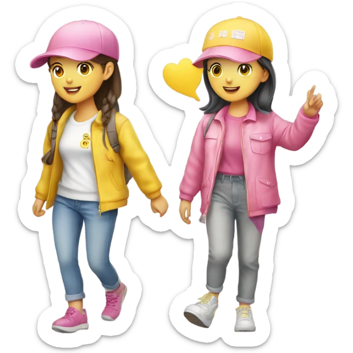 Two korean girls wearing pink and yellow cap wandering around wan chai sticker