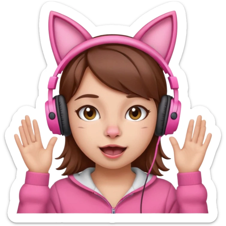 une fille avec des écouteursde chat rose et des cheveux brun qui fais une grimasse sticker
