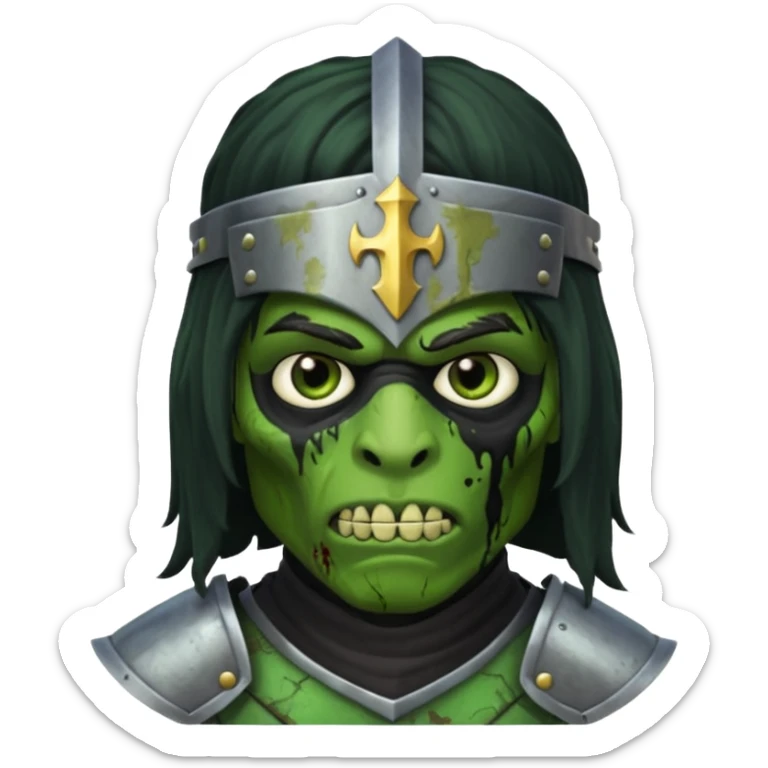 A black male with long black rough hair wearing a knight helmet with green zombie skin sticker