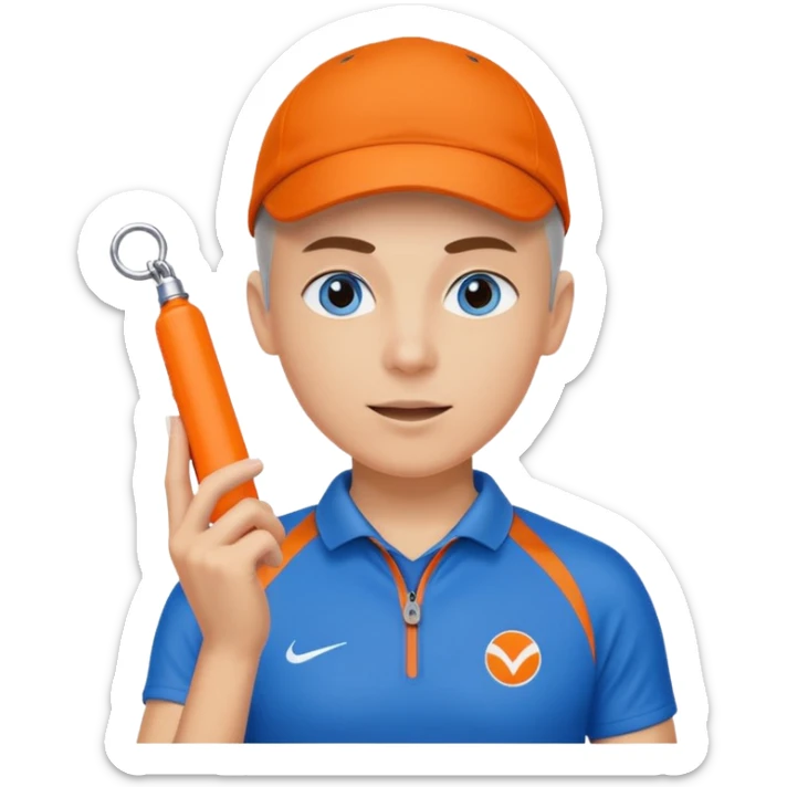 Make a friendly emoji style mascot for Sports Eye. Character will be blue sporty eye with a face, wearing a whistle, symbolizing coach giving guidance. design should be modern, friendly, & energetic, like a sports coach avatar. Primary color #2051E5 small touch of orange. sticker