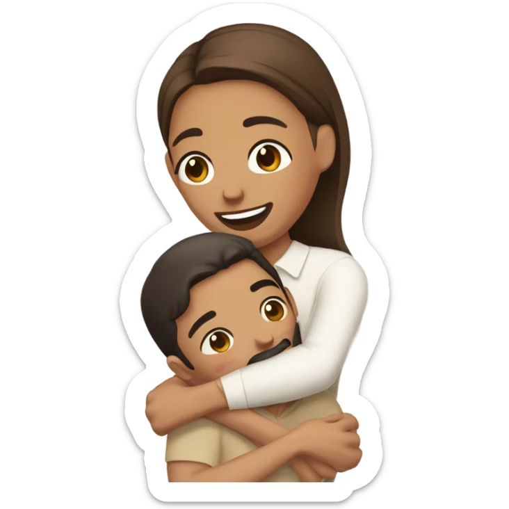 Brown-haired Puerto Rican woman with dark brown eyes wearing a cute blouse giving comforting hug to short, bald man with brown eyes, laugh lines, and a beard sticker