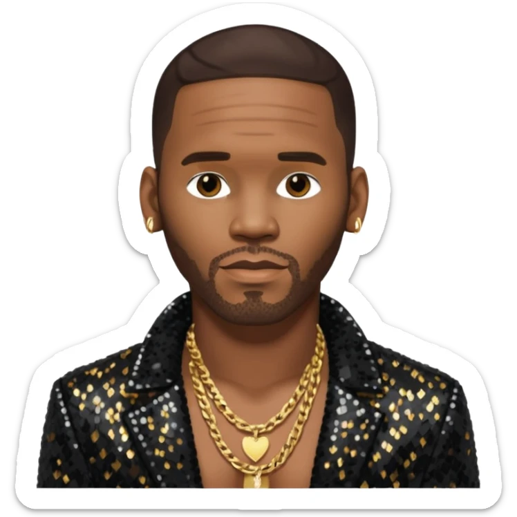 R. Kelly with dark brown hair, black sequin jacket, shirtless with necklace sticker