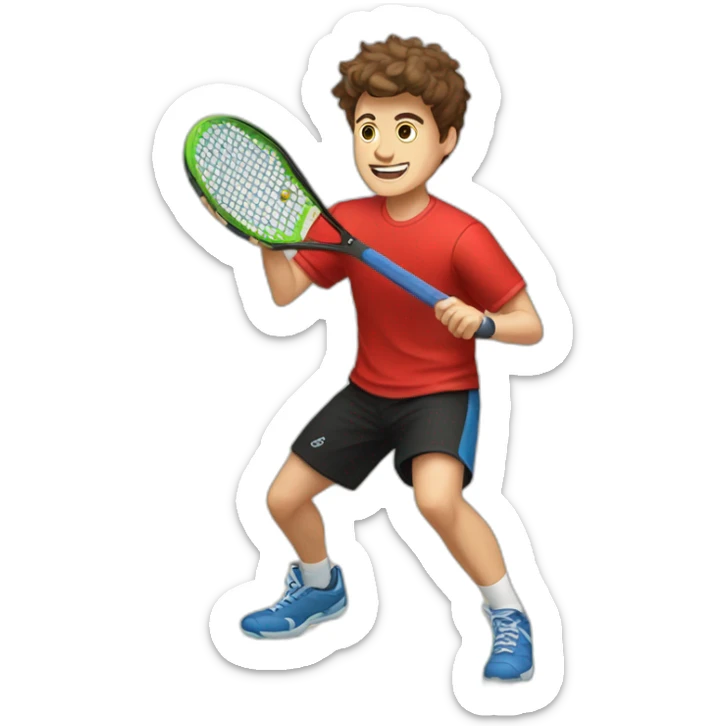 Young guy with brown hair playing pickleball full body red shirt black shorts solid black paddle sticker