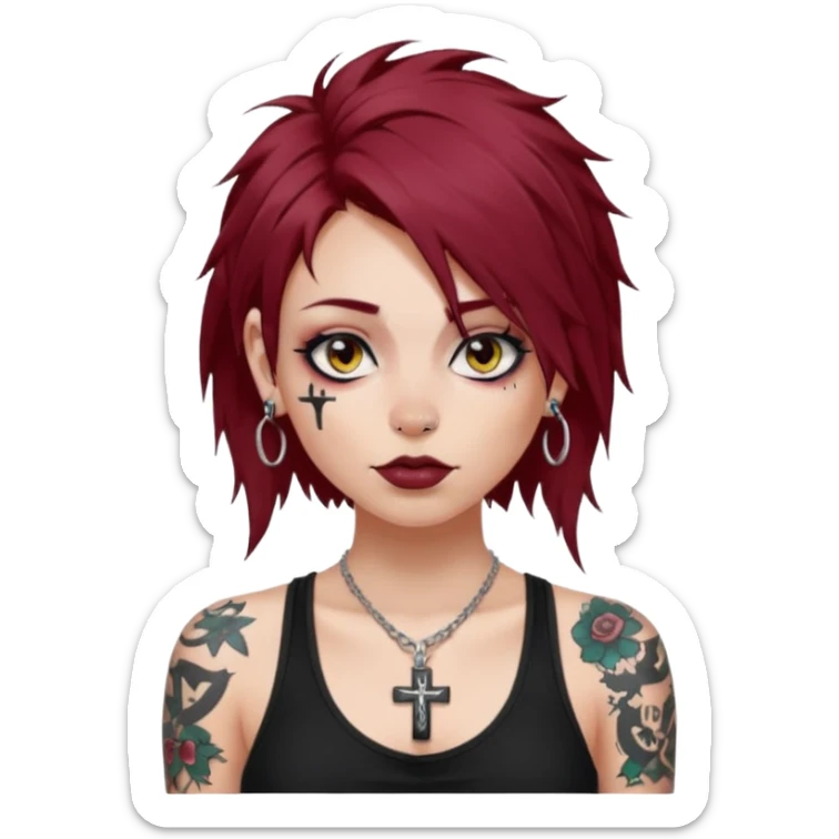 generate an ios genmoji of a girl with dark red messy hair with eyeliner on, septum piercing, wearing a cami black top, has tattoos, ear piercings, wearing a cross silver necklace sticker