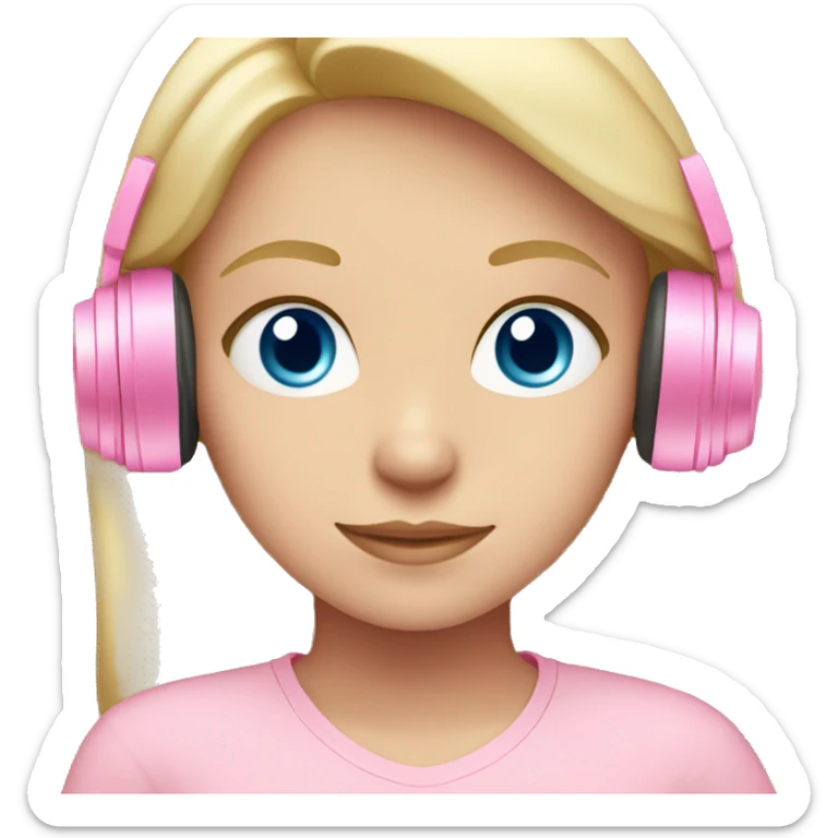Blonde girl with blue eyes in a light pink shirt with light pink headphones on sticker