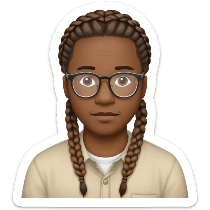 A black man with braids is wearing a glasses and a shirt saying “Galatians 5: 22-23”  sticker