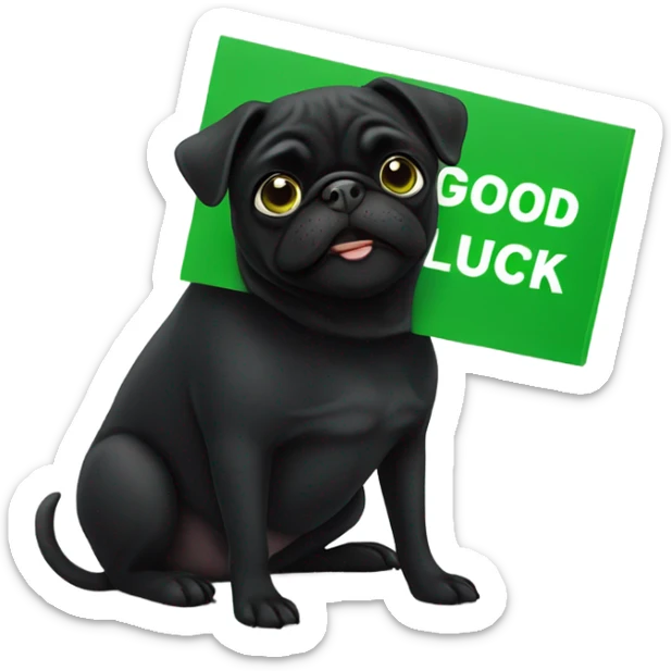 Black pug , surrounded by flowers, holding a green sign that says “good luck”  sticker