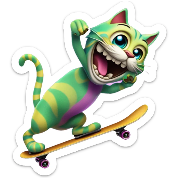 🦎 skating happily with eyes in colorful hues like the Cheshire Cat from Alice in Wonderland."



 sticker