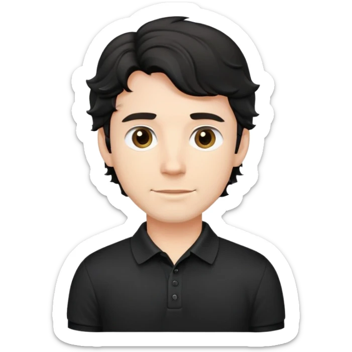 Caucasian male with wavy black hair in a comfortable black polo shirt with collar sticker