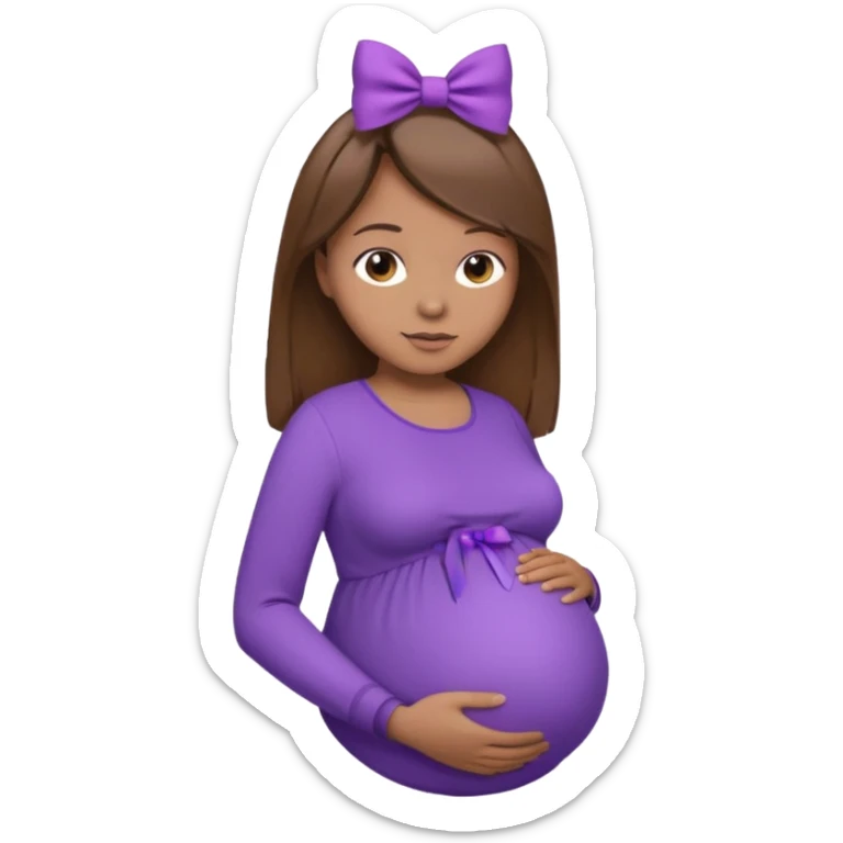 Brown Hair, straight, light brown skin, purple shirt, pregant, head, neck and abdomen only, purble bow in hair sticker