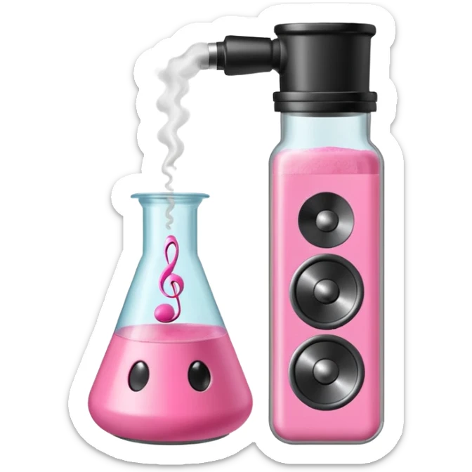 bublegum pink flask beaker with music coming out, as well as a vintage audio speaker sticker