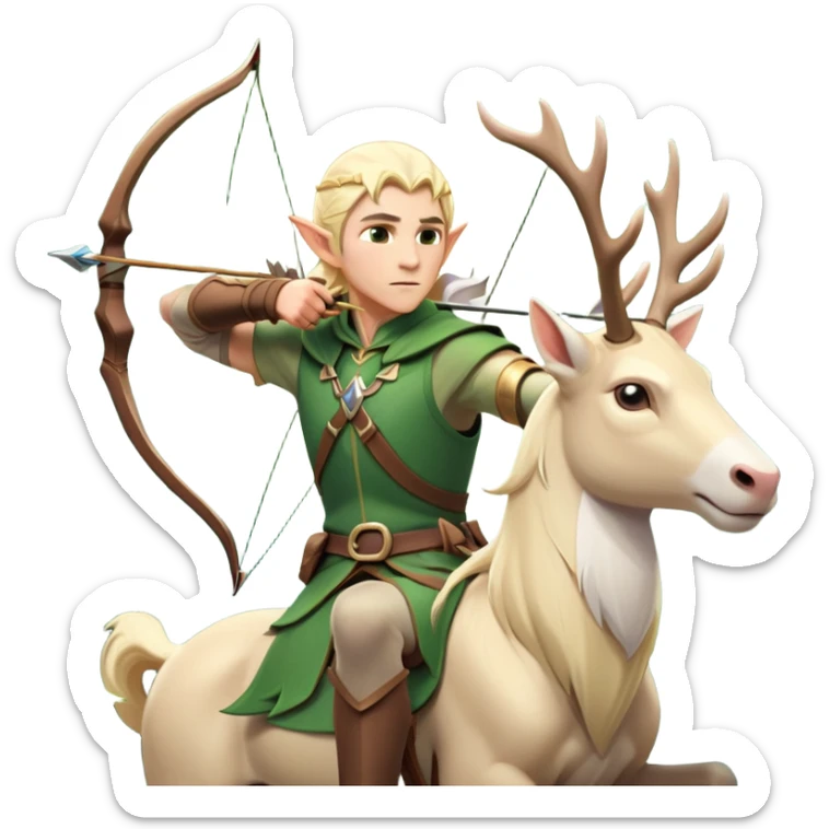 clash-of-clans-aesthetic-blond-male elf-archer-portrait-emoji, rendered in a flat, vector-style with minimal shading and bold holding his bow, simplified shapes, head tilted slightly forward with a determined, focused expression, riding a majestic white stag whose antlers glow with mystical energy, set against an ancient, enchanted forest backdrop. sticker