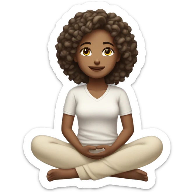 girl with light brown skin and dark loose curly hair wearing cream exercise clothes sitting cross legged meditating with closed eyes 😌 sticker