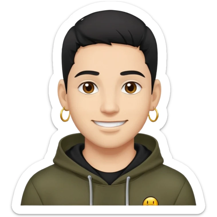 man with smiley face, black hair military cut, brown eyes, wearing 2 circle earrings and a black hoodie sticker