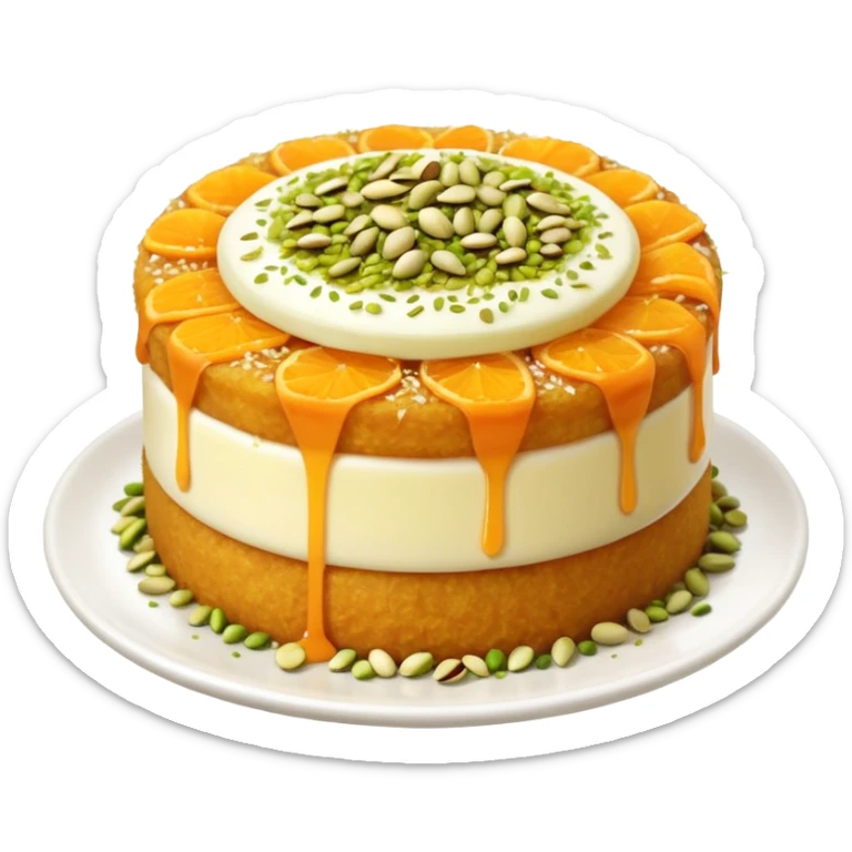 A small round emoji of traditional kanafeh with golden-orange crispy threads, a gooey white cheese center, and a light sprinkle of green pistachios. Warm and delicious-looking. sticker