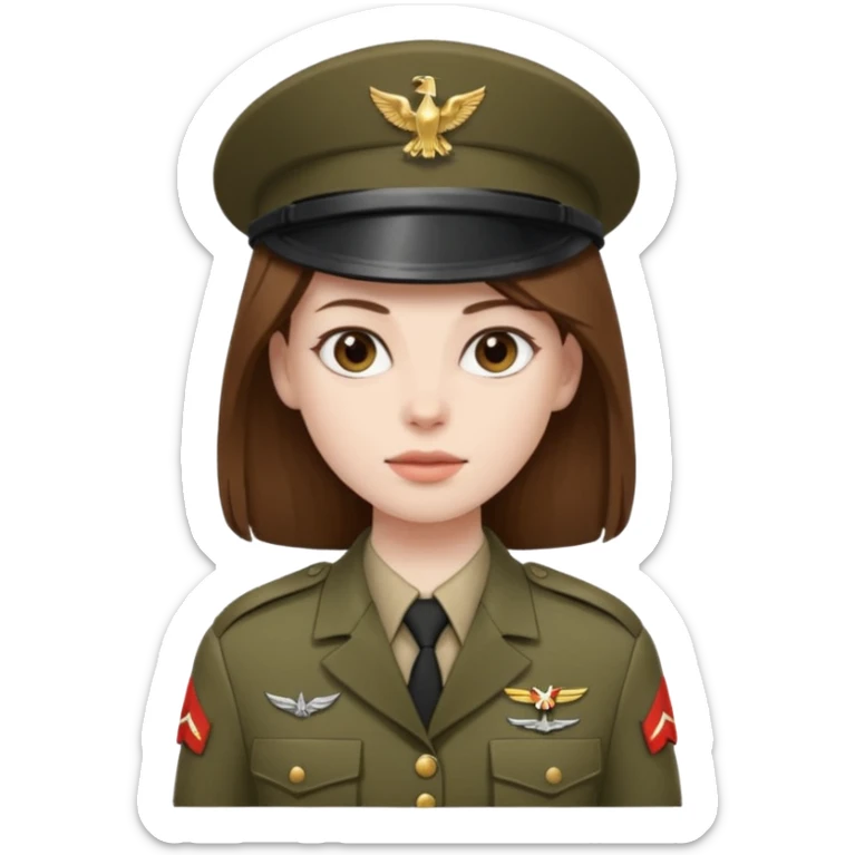 female soldier with pale skin and long, straight, brown hair sticker