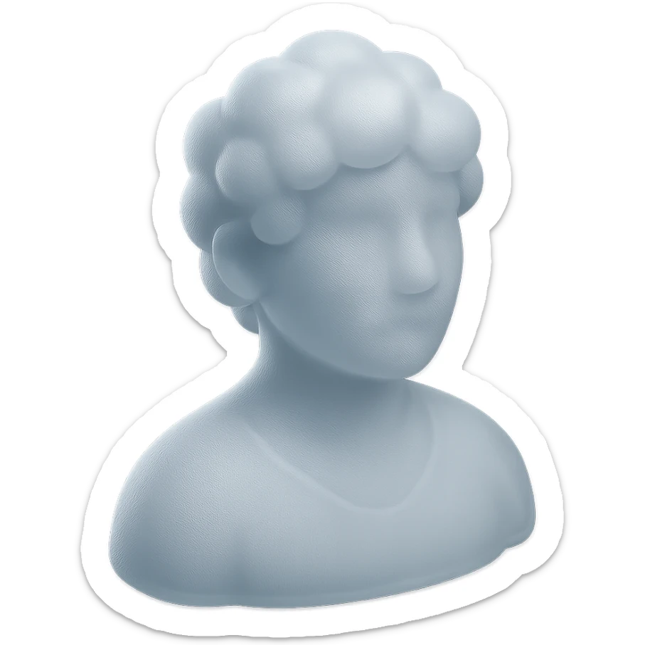 front view portrait of a person made entirely of white fluffy convex clouds, shoulders up, matte glass style sticker