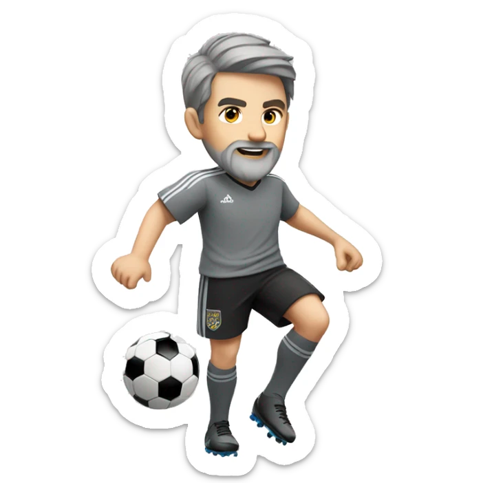 white boy in gray soccer uniform and black shorts with gray beard  and hair kicking a soccer ball sticker