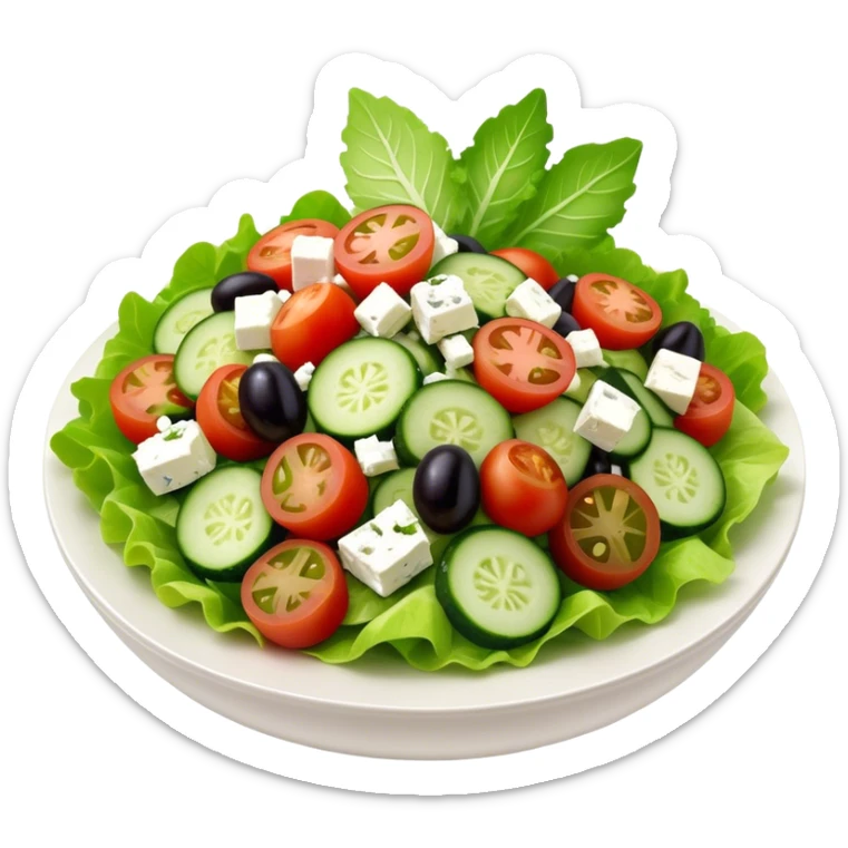 Cinematic Realistic Greek Salad Dish Emoji, depicted with crisp lettuce, tomatoes, cucumbers, olives, and feta cheese rendered with vibrant textures and fresh, natural lighting. sticker
