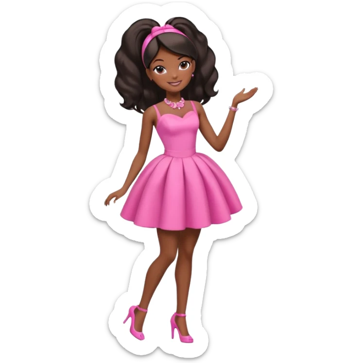 black barbie. typical barbie ponytail, pink dress, super pretty, full body, the only pink is her dress sticker