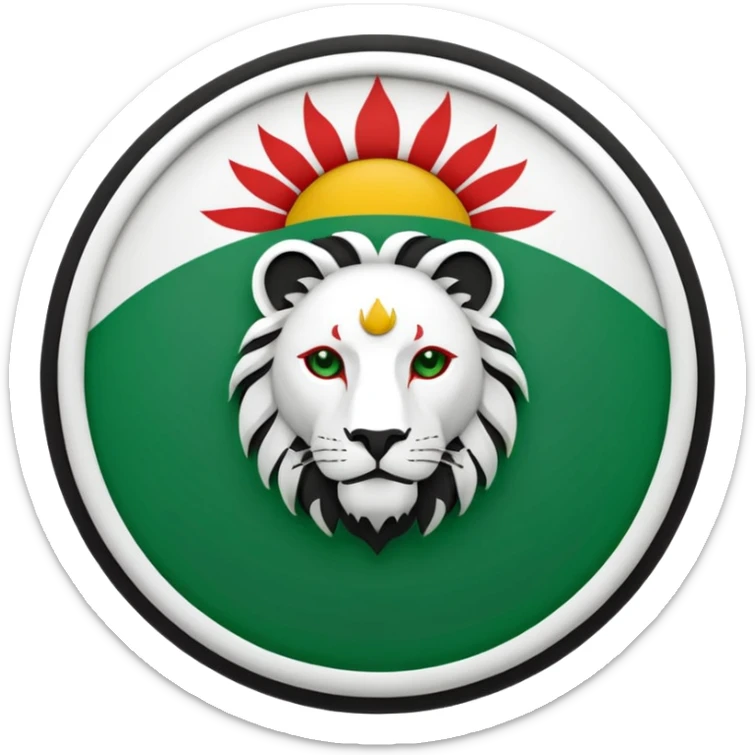 Minimalist black and white emblem emoji, inspired by the Faravahar symbol. Centered Lion and Sun emblem of Iran colored in green, white, and red like the Iranian flag. Circular design, clean simple lines, suitable for small size sticker