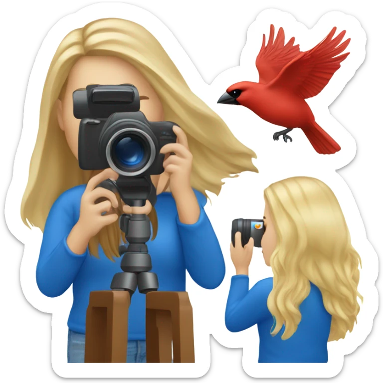 Long hair blonde girl with camera taking pictures of cardinals and blue jays sticker