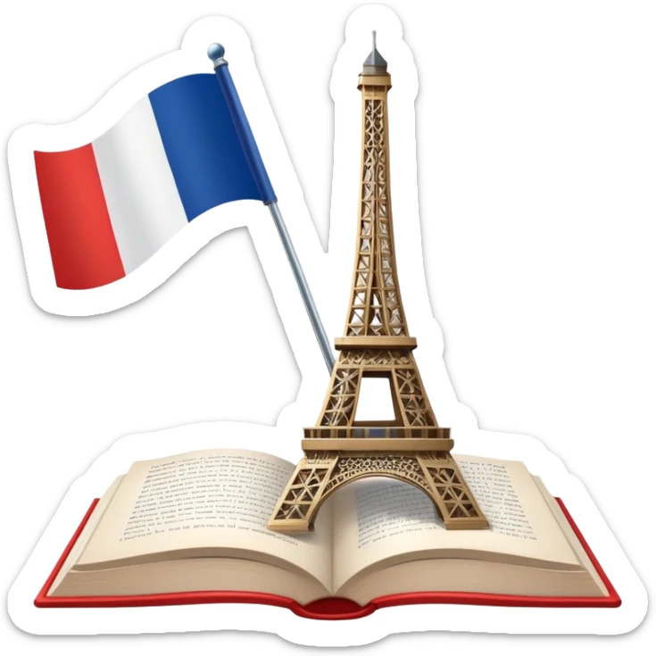 An icon featuring the Eiffel Tower and the flag of France, symbolizing the French language. The design includes an open book with French text, representing language learning and French culture. Transparent background highlights the elegance of the French-speaking world. sticker