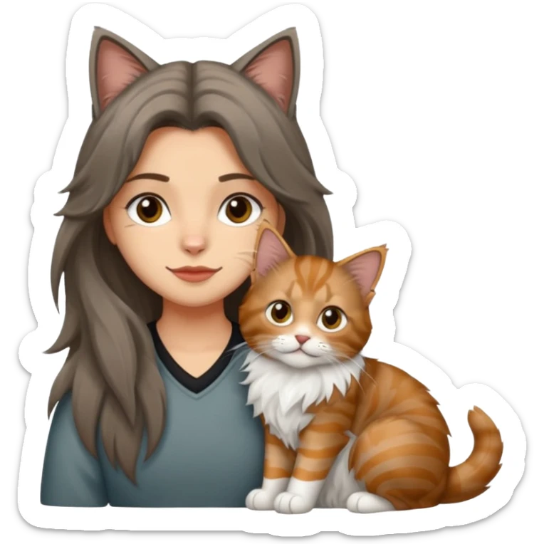 Emojis de una chica de pelo castaño largo sujetando un gatito gordo peludo mainecoon de colores gris negro y marrón  sticker